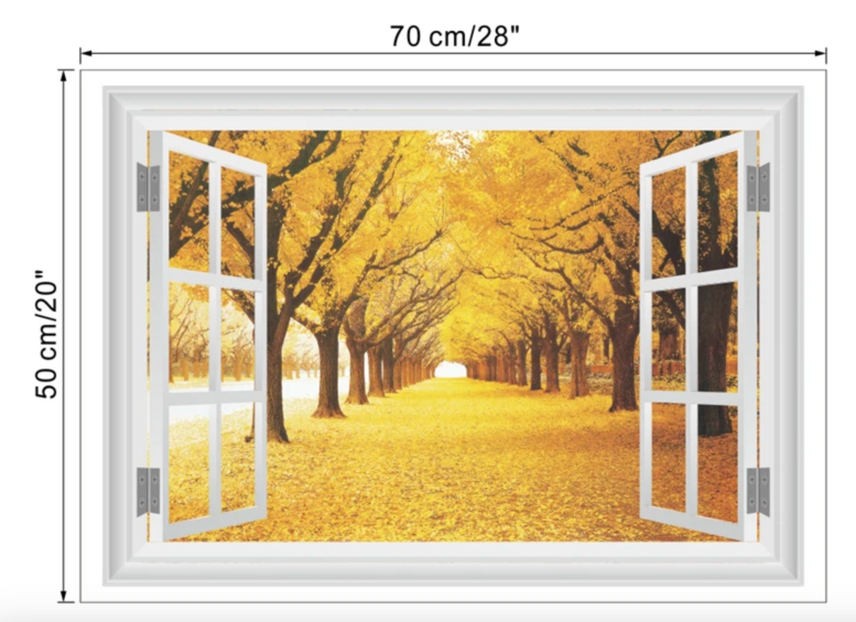 AUTUMN TREES WALKWAY NATURE YELLOW GOLD FAKE WINDOW LANDSCAPE PHOTOGRAPHY 3D WALL STICKER MURAL ART Decal
