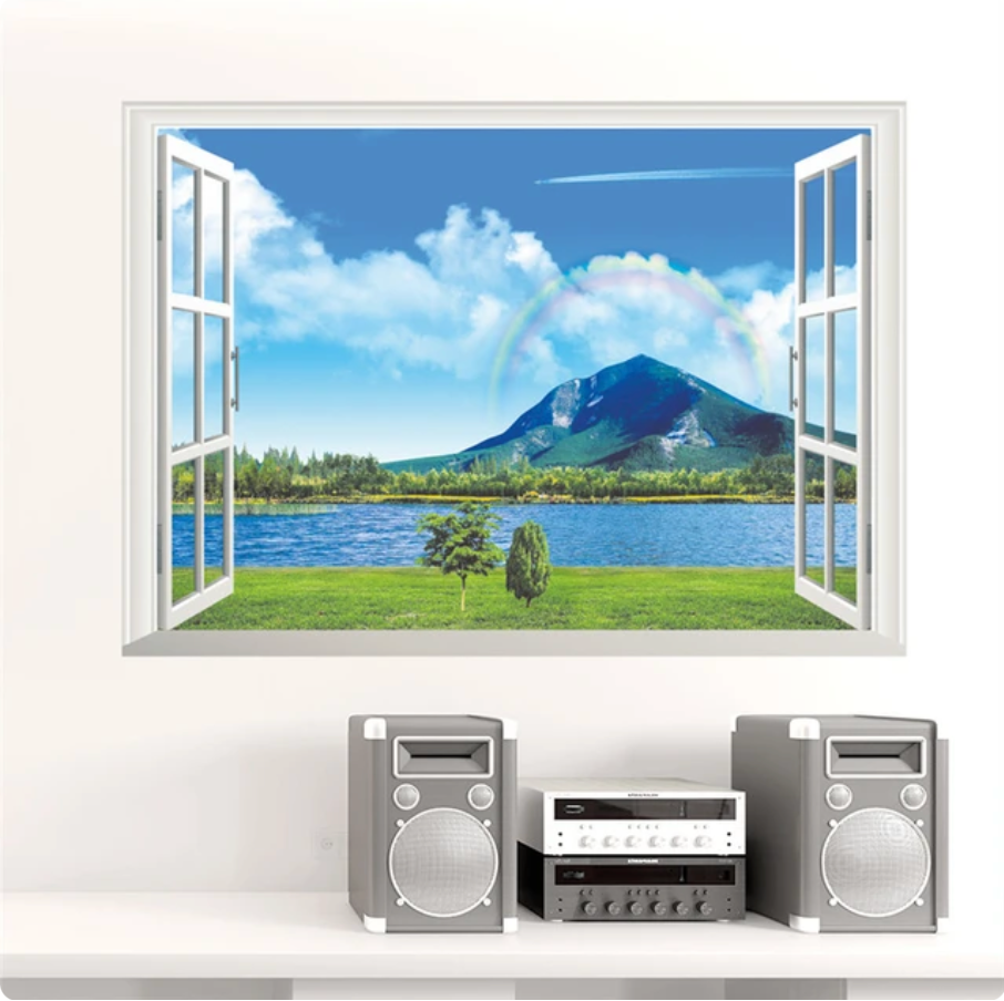 RAINBOW OVER MOUNTAIN LAKE NATURE FAKE WINDOW LANDSCAPE PHOTOGRAPHY 3D WALL STICKER MURAL ART Decal