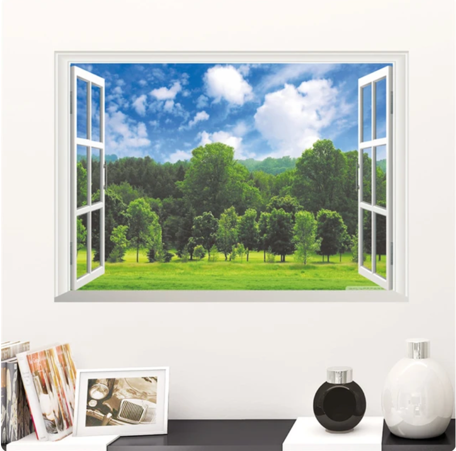 FOREST SKY CLOUDS GRASSY FIELDS NATURE FAKE WINDOW LANDSCAPE PHOTOGRAPHY 3D WALL STICKER MURAL ART Decal