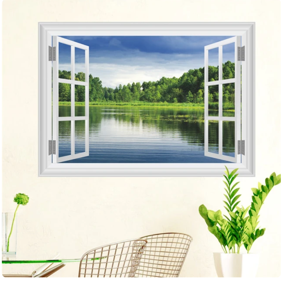 LAKE BY TREES FOREST WATER NATURE FAKE WINDOW LANDSCAPE PHOTOGRAPHY 3D WALL STICKER MURAL ART Decal