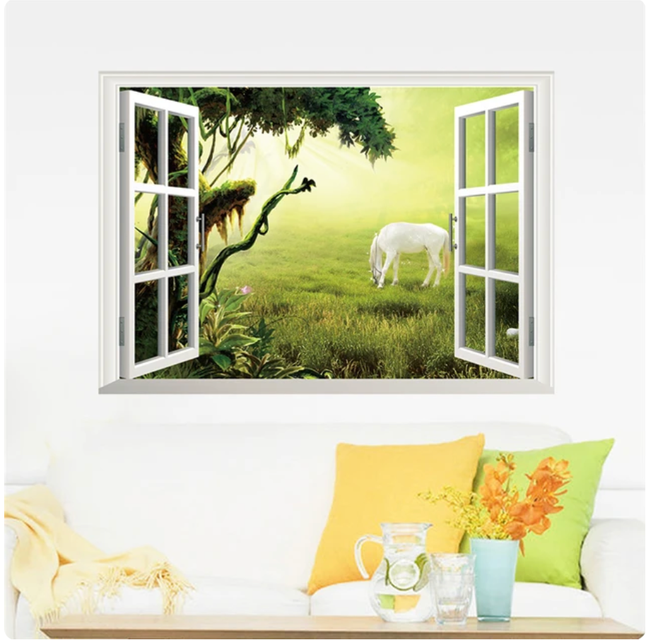 WHITE HORSE IN OPEN FIELD FOREST NATURE FAKE WINDOW LANDSCAPE PHOTOGRAPHY 3D WALL STICKER MURAL ART Decal