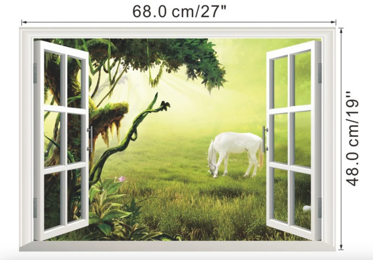 WHITE HORSE IN OPEN FIELD FOREST NATURE FAKE WINDOW LANDSCAPE PHOTOGRAPHY 3D WALL STICKER MURAL ART Decal