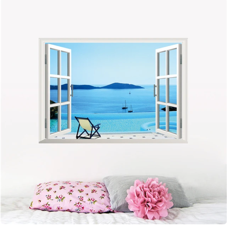 BEACH CHAIR BY BLUE OCEAN SKIES MOUNTAIN NATURE FAKE WINDOW LANDSCAPE PHOTOGRAPHY 3D WALL STICKER MURAL ART Decal