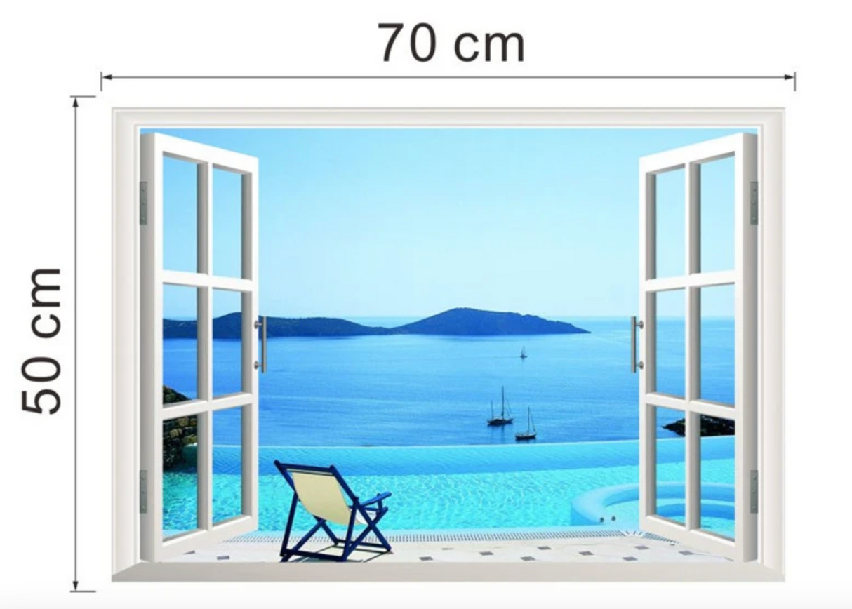 BEACH CHAIR BY BLUE OCEAN SKIES MOUNTAIN NATURE FAKE WINDOW LANDSCAPE PHOTOGRAPHY 3D WALL STICKER MURAL ART Decal