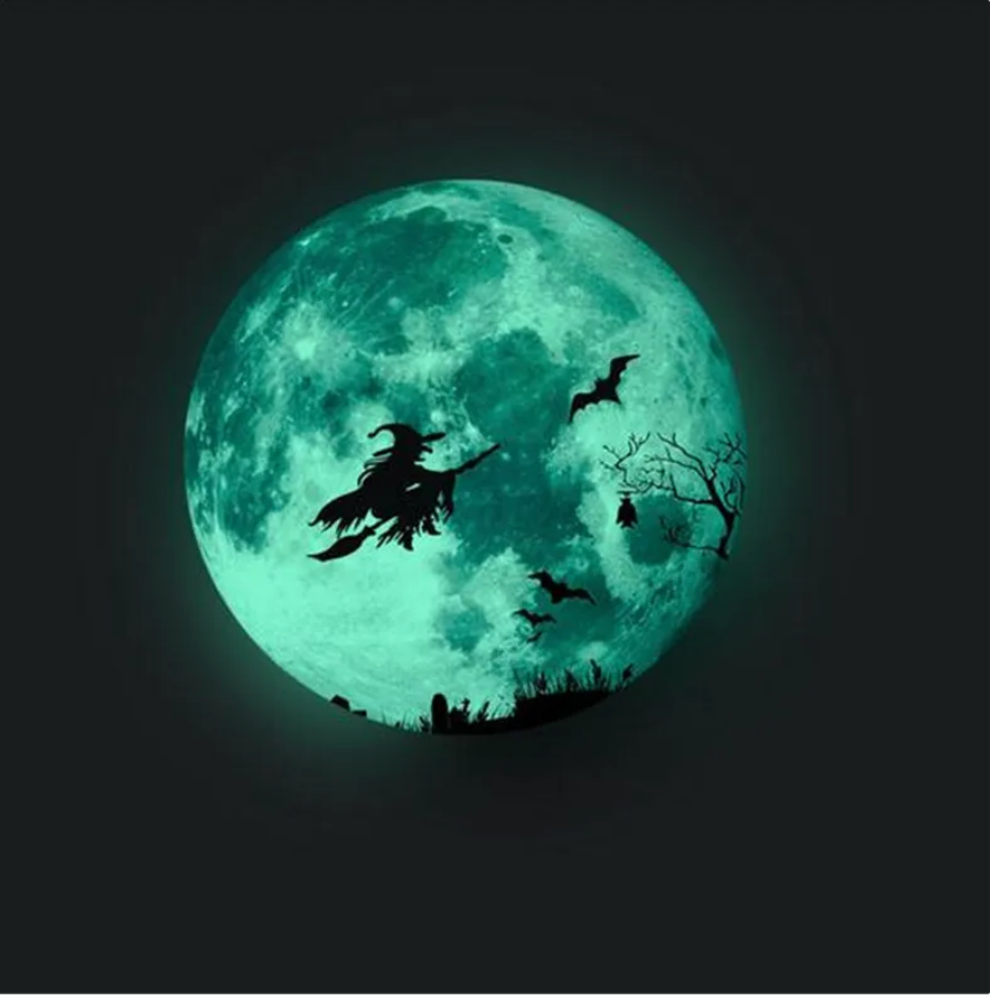 WITCH ON BROOMSTICK FLYING GLOW IN THE DARK HALLOWEEN BAT 3D WALL STICKER MURAL ART Decal