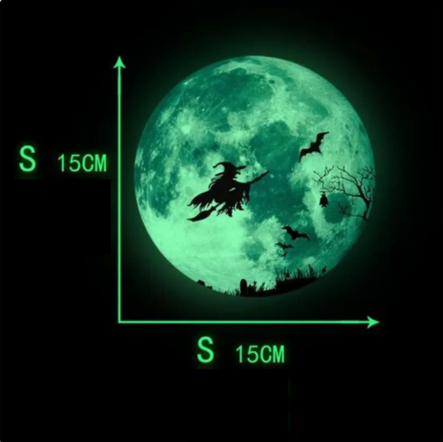 WITCH ON BROOMSTICK FLYING GLOW IN THE DARK HALLOWEEN BAT 3D WALL STICKER MURAL ART Decal