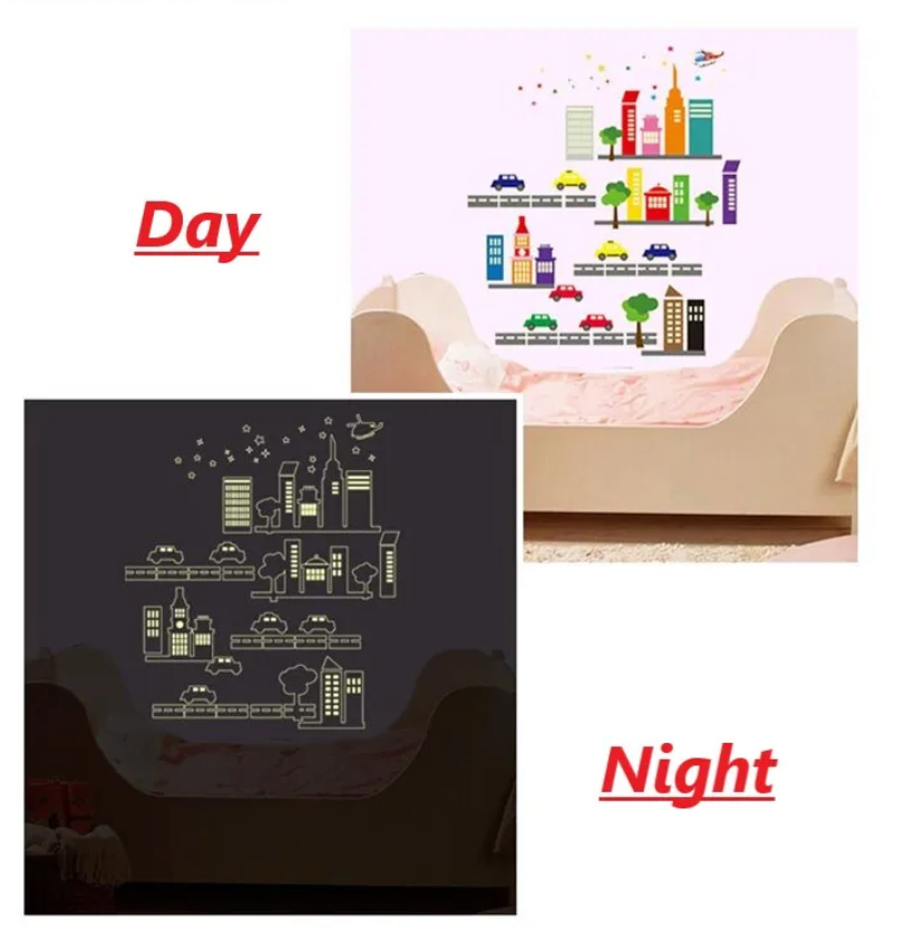CITYSCAPE VEHICLES CARS TRUCKS ROAD GLOW IN THE DARK 3D WALL STICKER MURAL ART Decal