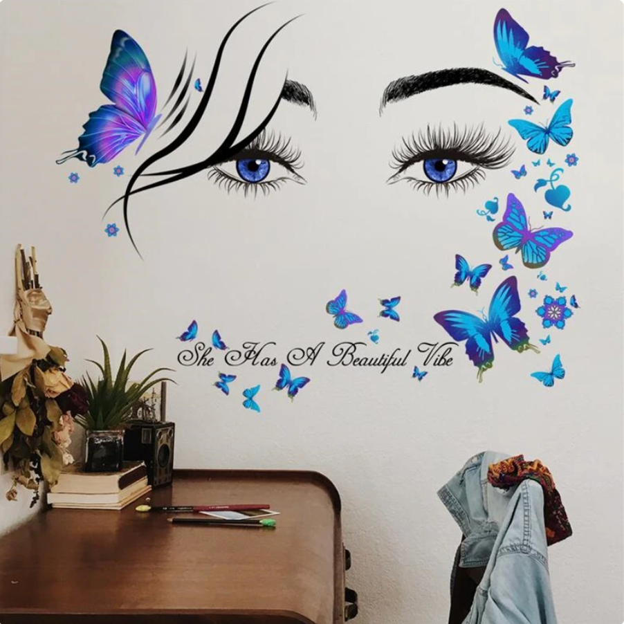 EYES SILHOUETTE BEAUTIFUL VIBE SLOGAN BUTTERFLIES BLUE 3D WALL STICKER MURAL ART Decal