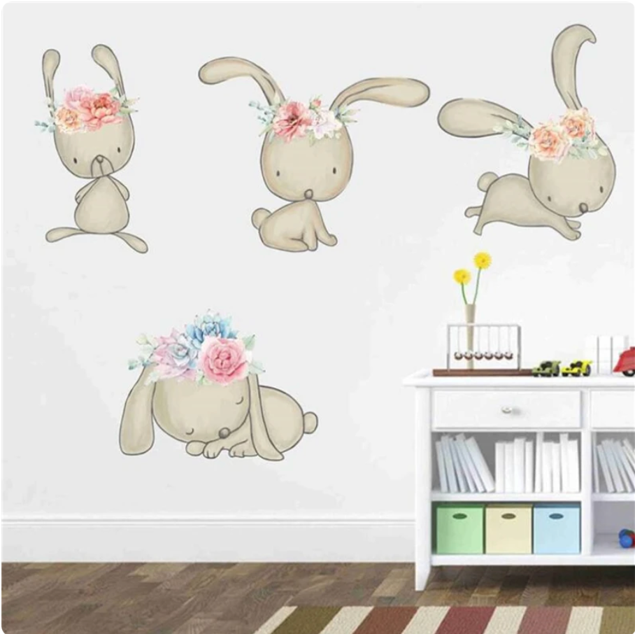 CUTE BUNNY RABBITS WITH FLOWER CROWNS DANCING SLEEPING HOPPING 3D WALL STICKER MURAL ART Decal