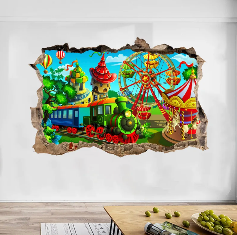 CARTOON TRAIN AMUSEMENT PARK CAROUSEL FERRIS WHEEL 3D WALL STICKER MURAL ART Decal