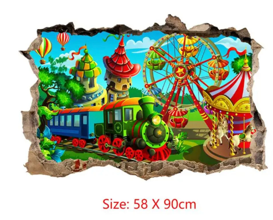 CARTOON TRAIN AMUSEMENT PARK CAROUSEL FERRIS WHEEL 3D WALL STICKER MURAL ART Decal