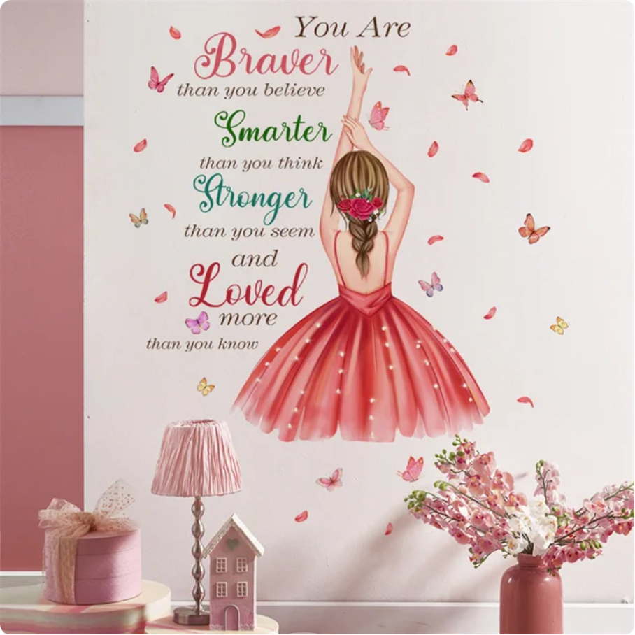 SMARTER BRAVER STRONGER LOVED SLOGAN PINK DANCER SILHOUETTE WOMAN 3D WALL STICKER MURAL ART Decal