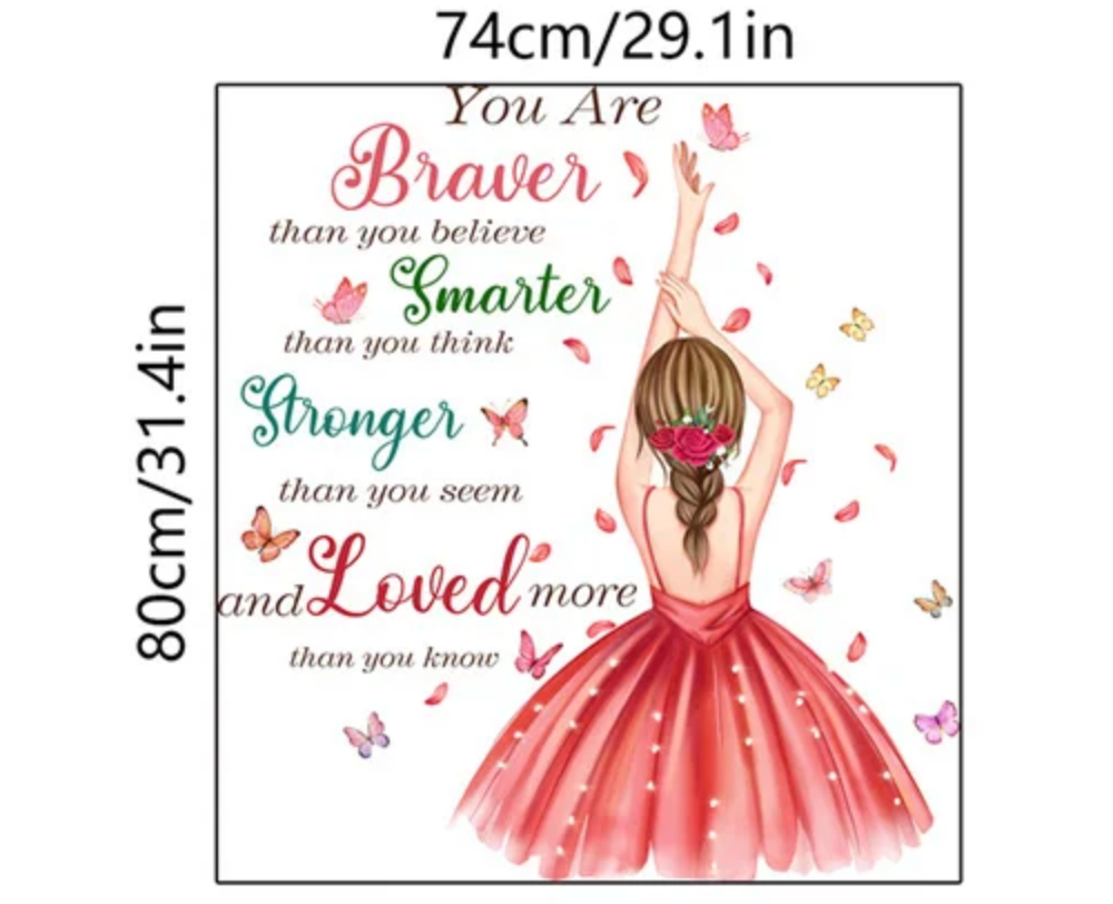 SMARTER BRAVER STRONGER LOVED SLOGAN PINK DANCER SILHOUETTE WOMAN 3D WALL STICKER MURAL ART Decal