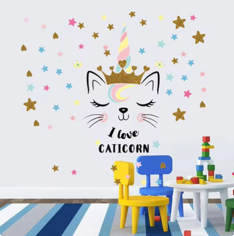 KITTEN CAT UNICORN GOLDEN CROWN STARS WHISKERS 3D WALL STICKER MURAL ART Decal