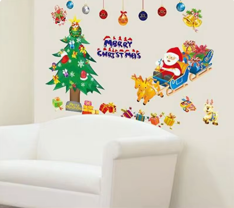 MERRY CHRISTMAS TREE SANTA SLEIGH STOCKING BAUBLES 3D WALL STICKER MURAL ART Decal