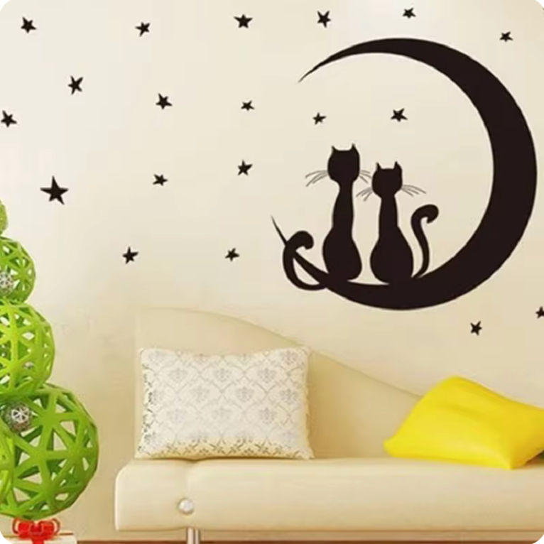 CAT ON CRESCENT MOON SILHOUETTE KITTEN STARS NIGHT SKY 3D WALL STICKER MURAL ART Decal
