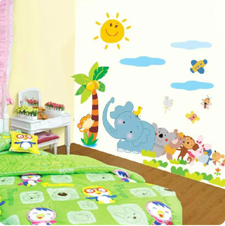 ANIMALS ELEPHANT MONKEY KOALA BEAR PENGUIN TROPICAL TREES SUNSHINE 3D WALL STICKER MURAL ART Decal