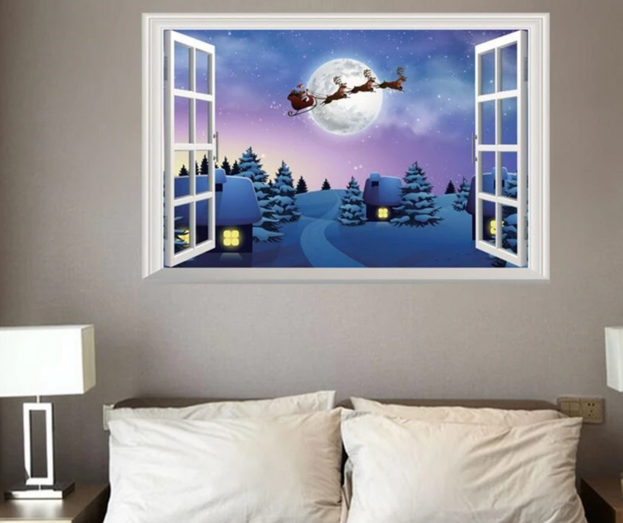 SANTA ON SLIEGH REINDEER SNOW VILLAGE WINDOW VIEW 3D WALL STICKER MURAL ART Decal