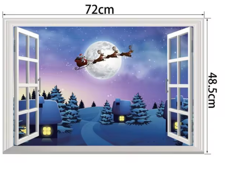 SANTA ON SLIEGH REINDEER SNOW VILLAGE WINDOW VIEW 3D WALL STICKER MURAL ART Decal
