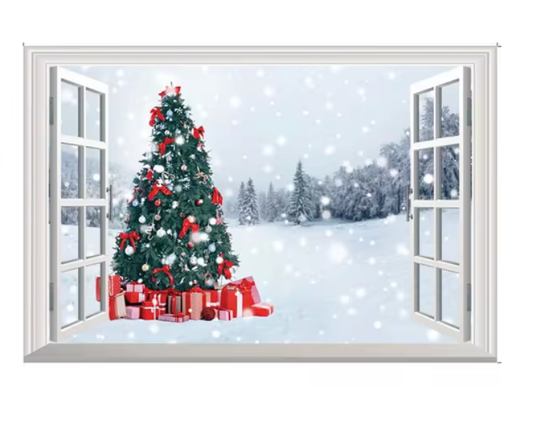 CHRISTMAS TREE PRESENTS SNOWY MOUNTAIN WINDOW VIEW 3D WALL STICKER MURAL ART Decal