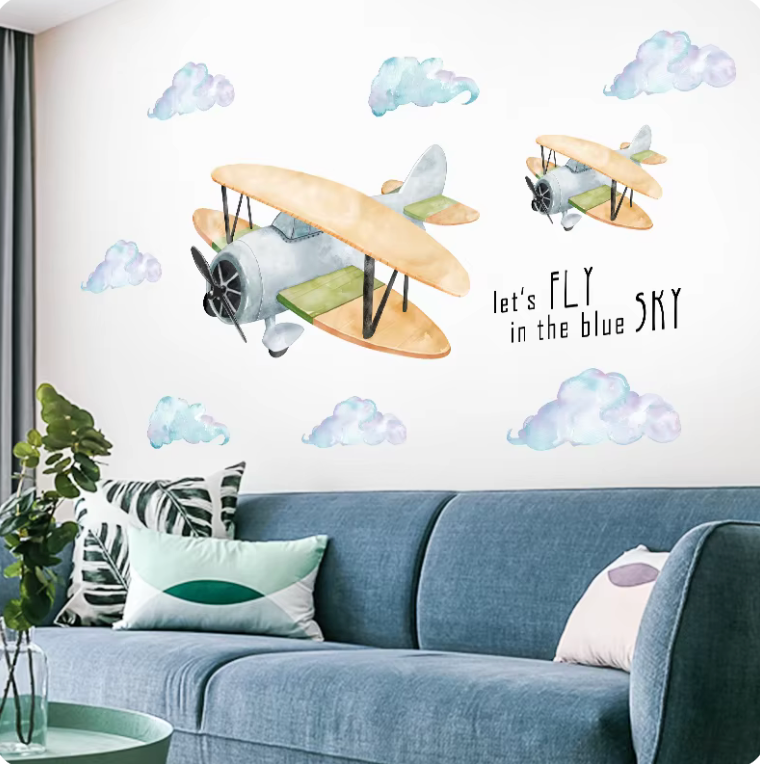 AIRPLANE AEROPLANE IN SKY CLOUDS FLYING THROUGH SKY 3D WALL STICKER MURAL ART Decal