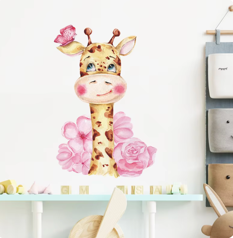 HAPPY GIRAFFE IN BED OF FLOWERS BUTTERFLIES PINK BLUSH 3D WALL STICKER MURAL ART Decal