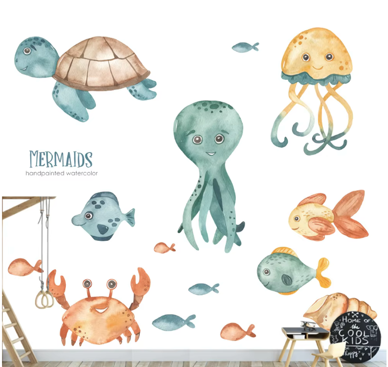SEA ANIMALS TURTLES OCTOPUS JELLYFISH CRABS FISH OCEAN MERMAIDS 3D WALL STICKER MURAL ART Decal