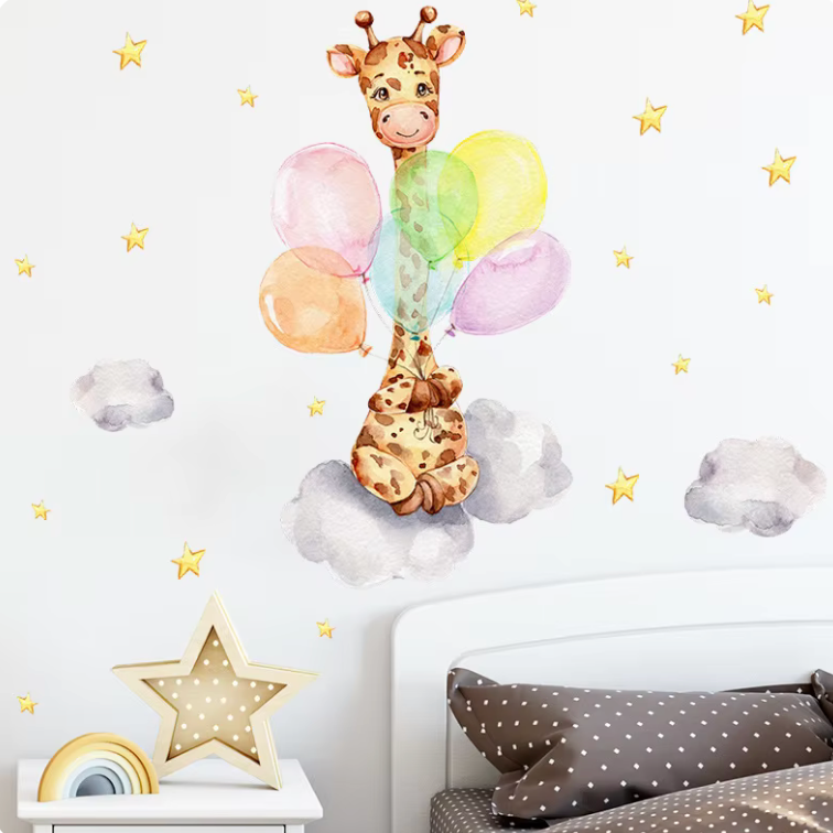 GIRAFFE BALLOONS IN NIGHT SKY STARS CLOUDS 3D WALL STICKER MURAL ART Decal