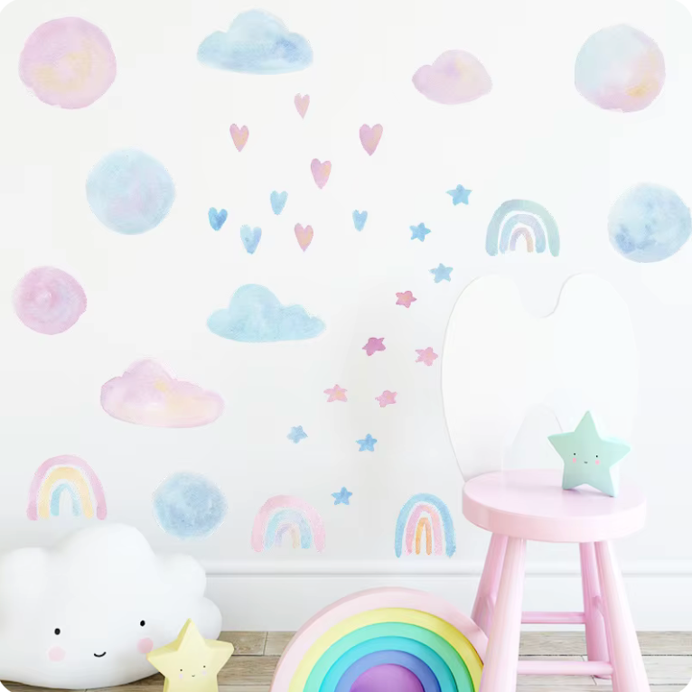 PALE RAINING LOVE HEARTS RAINBOWS SKY STARS CLOUDS 3D WALL STICKER MURAL ART Decal