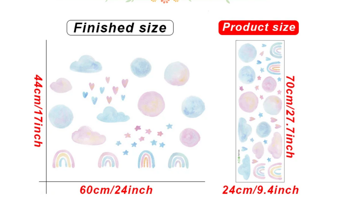 PALE RAINING LOVE HEARTS RAINBOWS SKY STARS CLOUDS 3D WALL STICKER MURAL ART Decal
