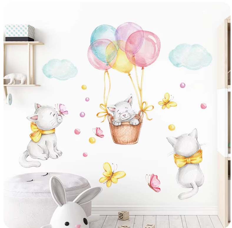 KITTENS IN BASKET CATS CUTE ANIMALS BALLOONS BUTTERFLIES CLOUDS 3D WALL STICKER MURAL ART Decal
