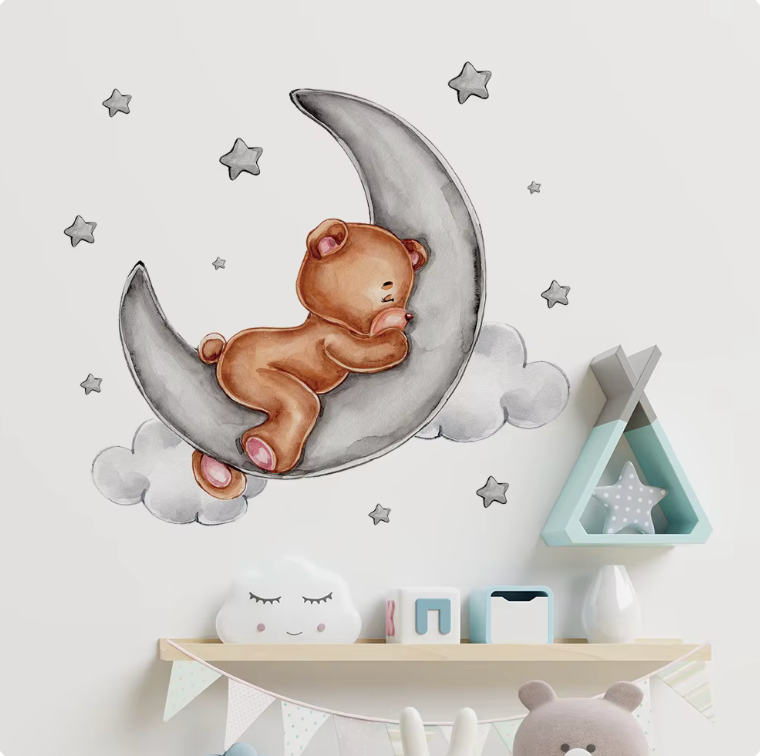 BEAR SLEEPING ON CRESCENT MOON NIGHT SKY STARS CUTE ANIMALS 3D WALL STICKER MURAL ART Decal