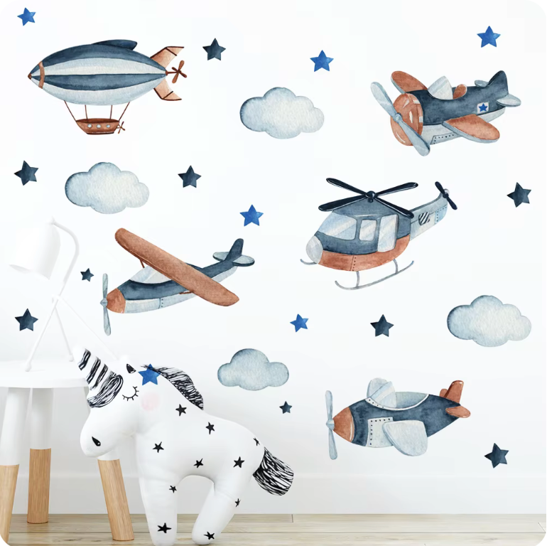 AIRPLANES AIR BALLOONS FLYING AIRCRAFTS SKY STARS BLUE 3D WALL STICKER MURAL ART Decal