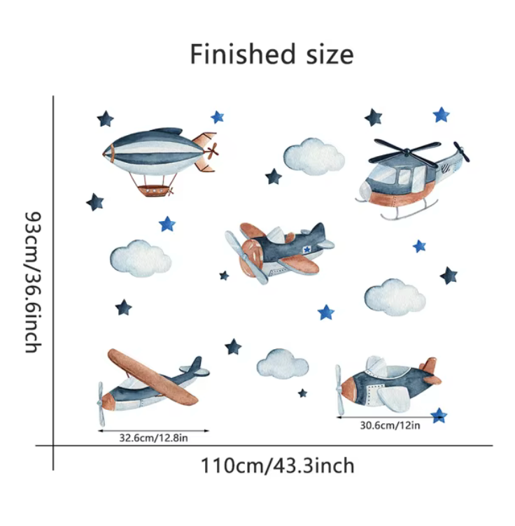 AIRPLANES AIR BALLOONS FLYING AIRCRAFTS SKY STARS BLUE 3D WALL STICKER MURAL ART Decal