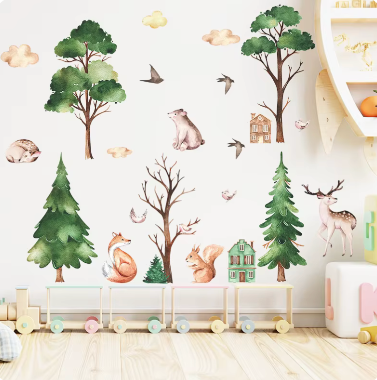 FOREST OF ANIMALS SQUIRREL DEER BIRDS FOXES TREES NATURE 3D WALL STICKER MURAL ART Decal