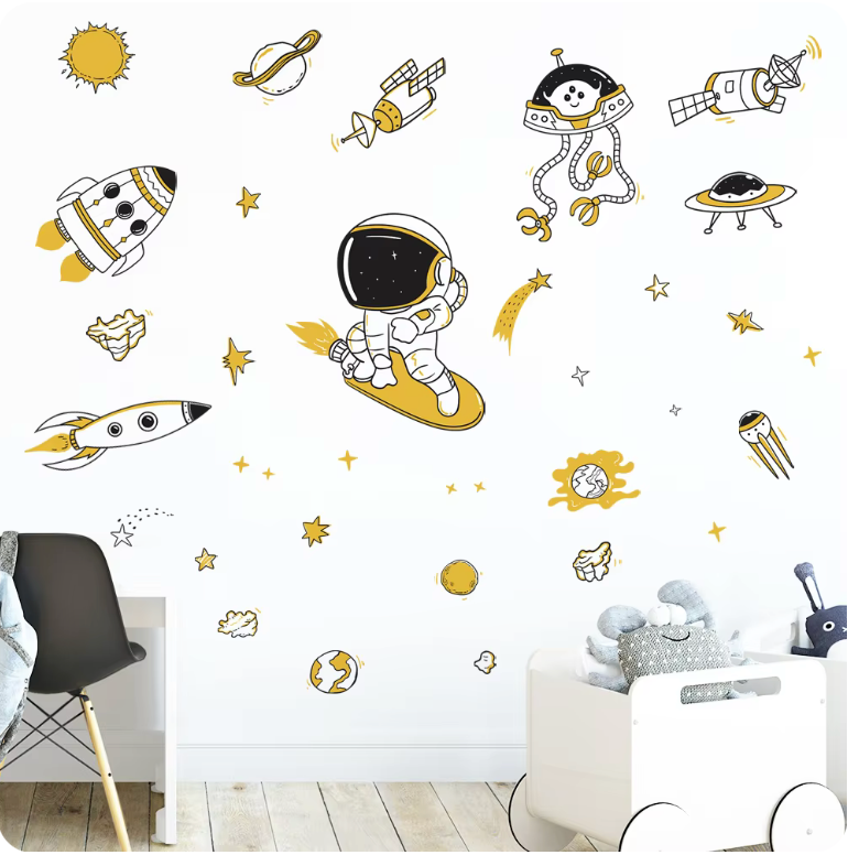 ASTRONAUTS IN SPACE SURF BOARD SUN ASTEROID SPACESHIP STARS 3D WALL STICKER MURAL ART Decal