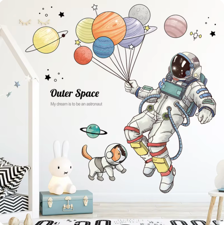 ASTRONAUT IN OUTTER SPACE BALLOON PLANETS SOLAR SYSTEM 3D WALL STICKER MURAL ART Decal