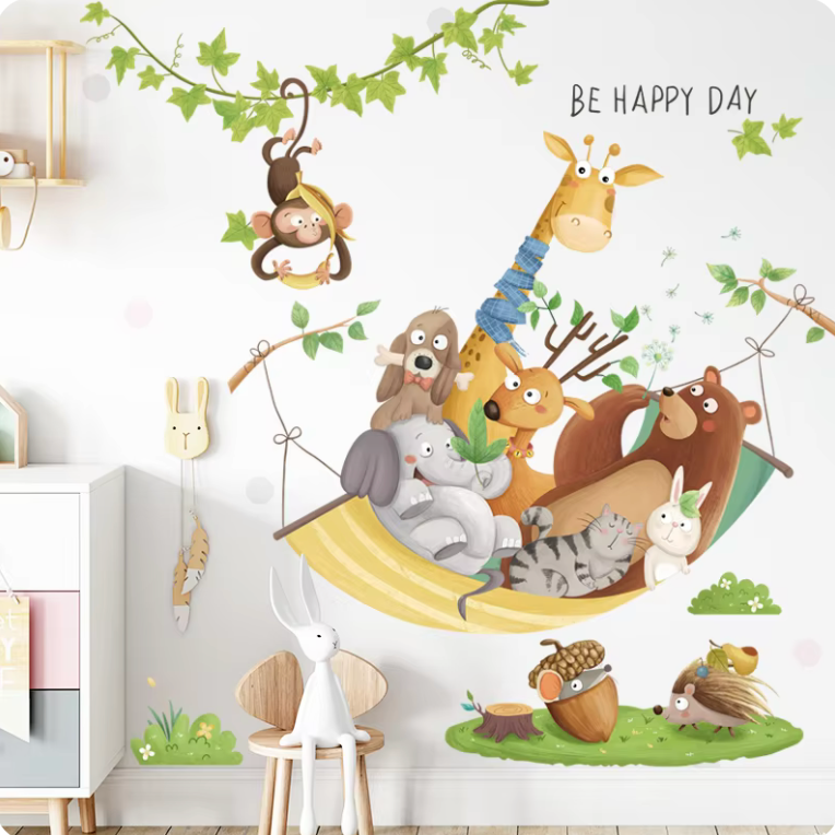 ANIMALS IN HAMMOCK MONKEY GIRAFFE DEER BEAR ELEPHANT TIGER BUNNY 3D WALL STICKER MURAL ART Decal