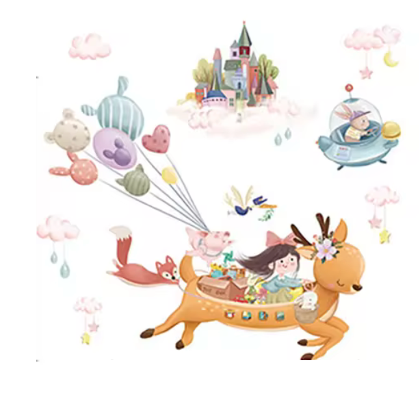 DEER IN THE SKY FLYING CASTLE BALLOONS CLOUDS HEARTS 3D WALL STICKER MURAL ART Decal