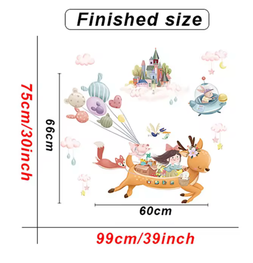DEER IN THE SKY FLYING CASTLE BALLOONS CLOUDS HEARTS 3D WALL STICKER MURAL ART Decal