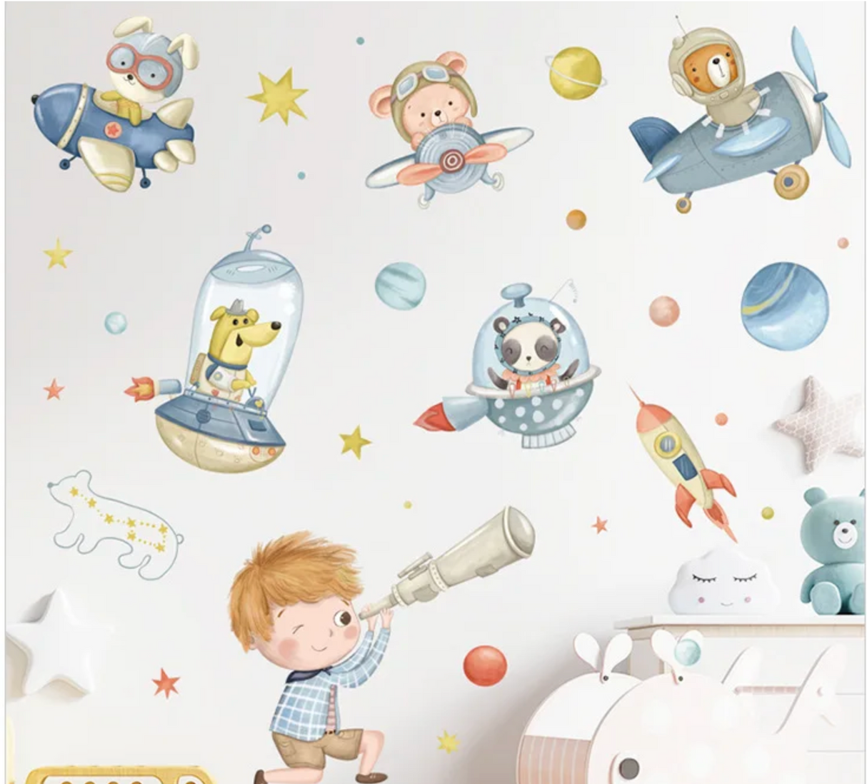 DOGS IN SPACESHIPS STARGAZING BOY ROCKET SKY MOON SPACE 3D WALL STICKER MURAL ART Decal