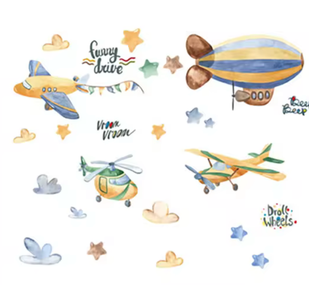 HOT AIR BALLOONS AIRCRAFT SKY FLYING HELICOPTER AIRPLANE CLOUDS STARS 3D WALL STICKER MURAL ART Decal