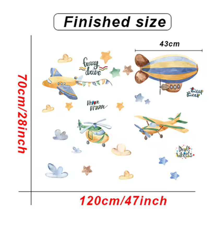 HOT AIR BALLOONS AIRCRAFT SKY FLYING HELICOPTER AIRPLANE CLOUDS STARS 3D WALL STICKER MURAL ART Decal