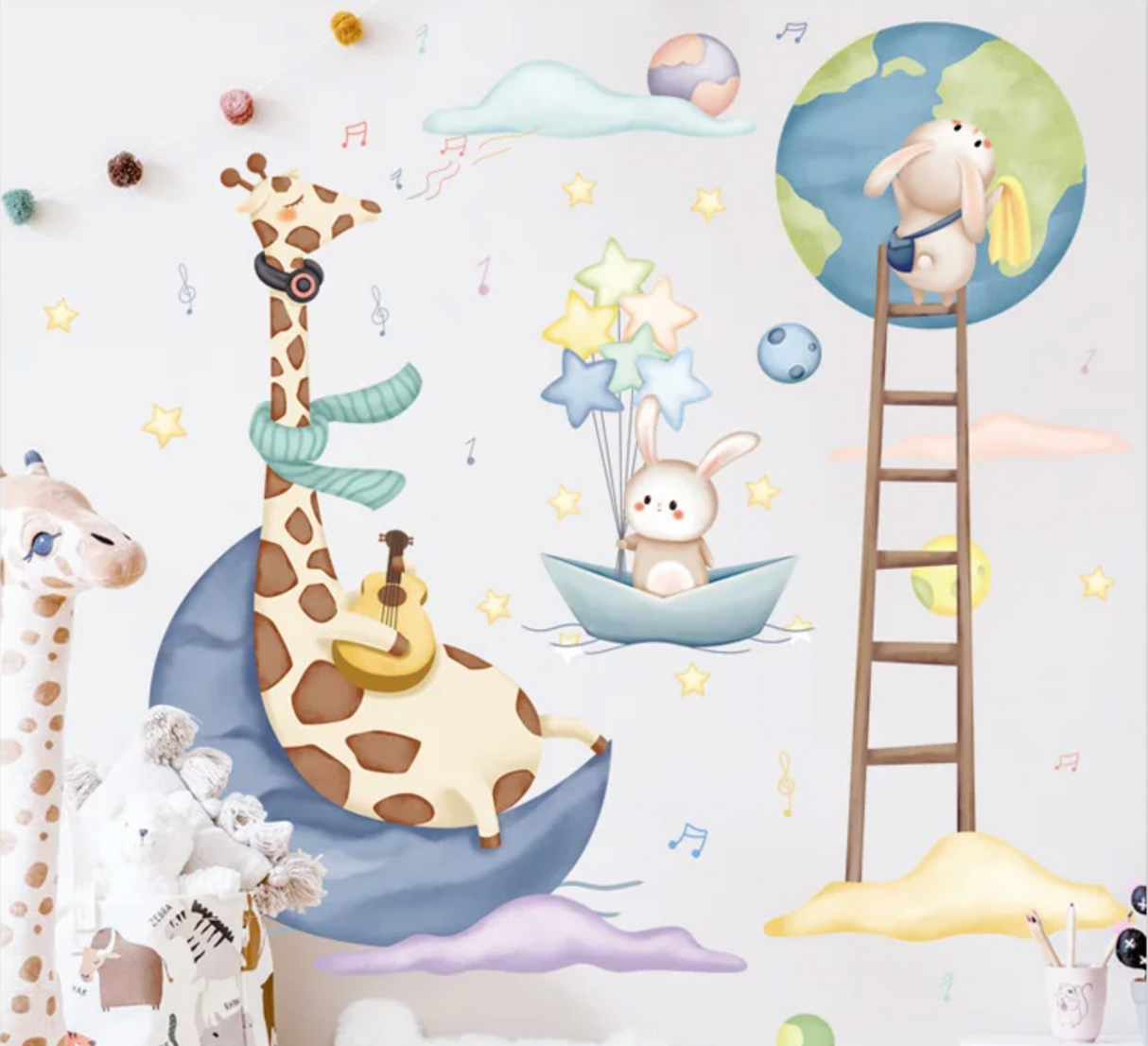 GIRAFFE ON CRESCENT MOON BUNNY PAINTING EARTH ANIMALS IN SPACE 3D WALL STICKER MURAL ART Decal
