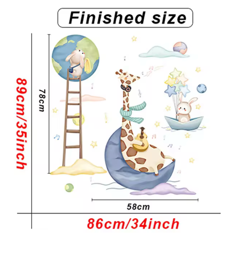 GIRAFFE ON CRESCENT MOON BUNNY PAINTING EARTH ANIMALS IN SPACE 3D WALL STICKER MURAL ART Decal