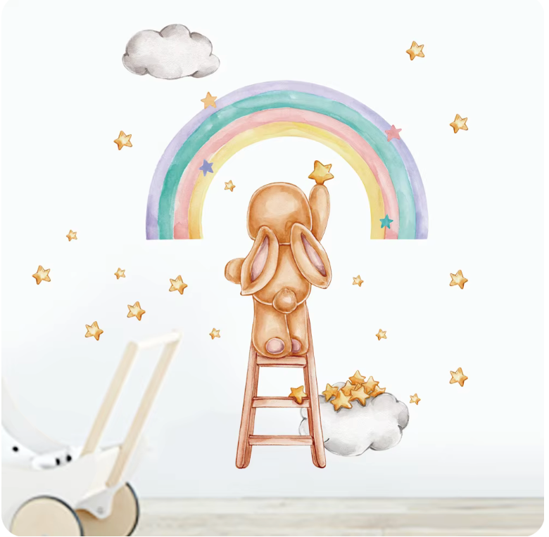 BUNNY RABBIT PLACING STARS IN THE SKY RAINBOW CLOUDS 3D WALL STICKER MURAL ART Decal