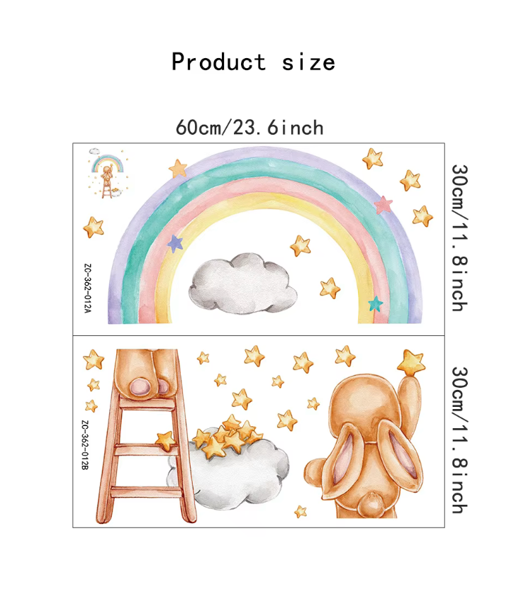 BUNNY RABBIT PLACING STARS IN THE SKY RAINBOW CLOUDS 3D WALL STICKER MURAL ART Decal