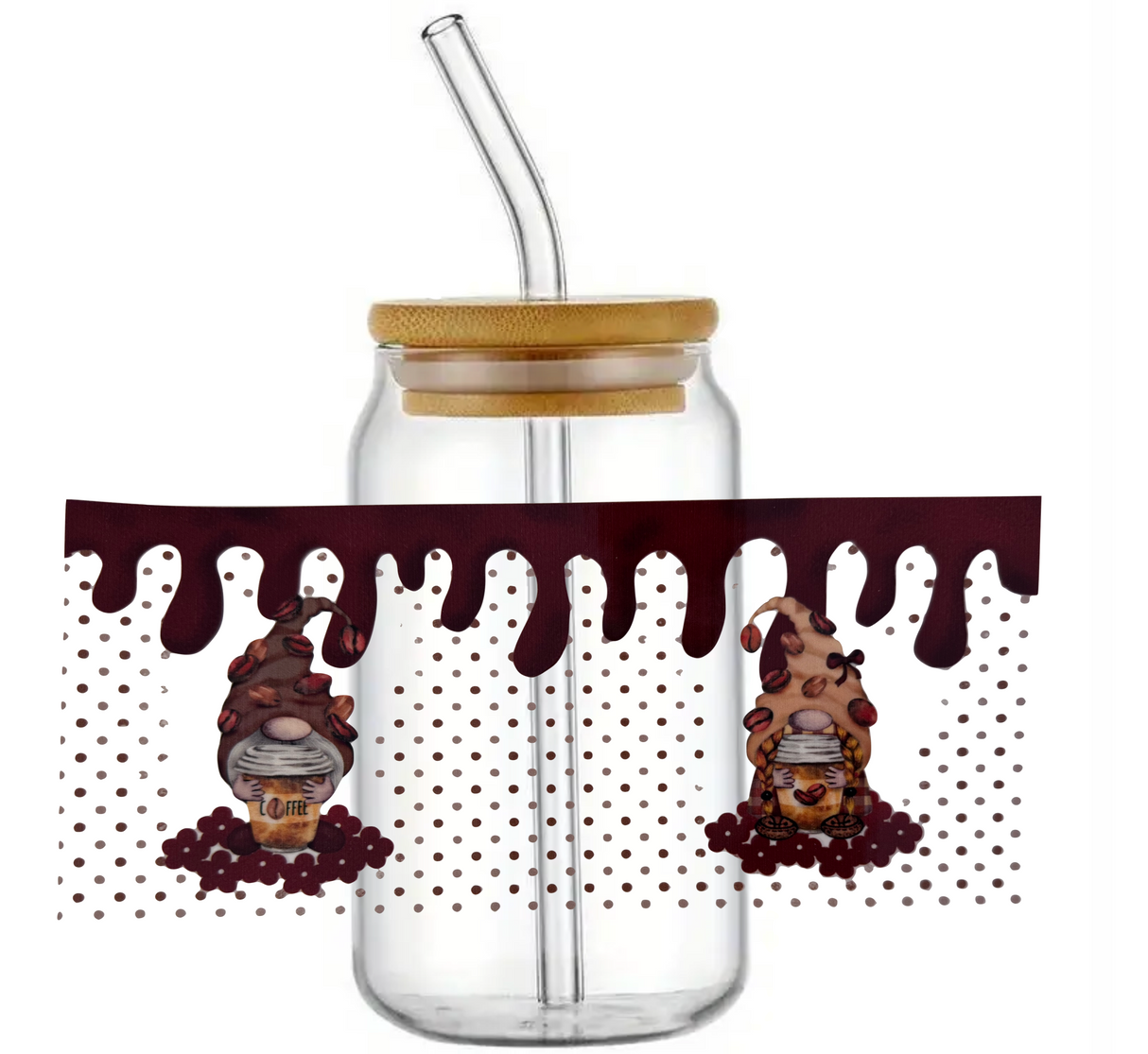 COFFEE GNOMES NOVELTY GLASS JAR TUMBLER CUP WITH LID, STRAW AND BRUSH