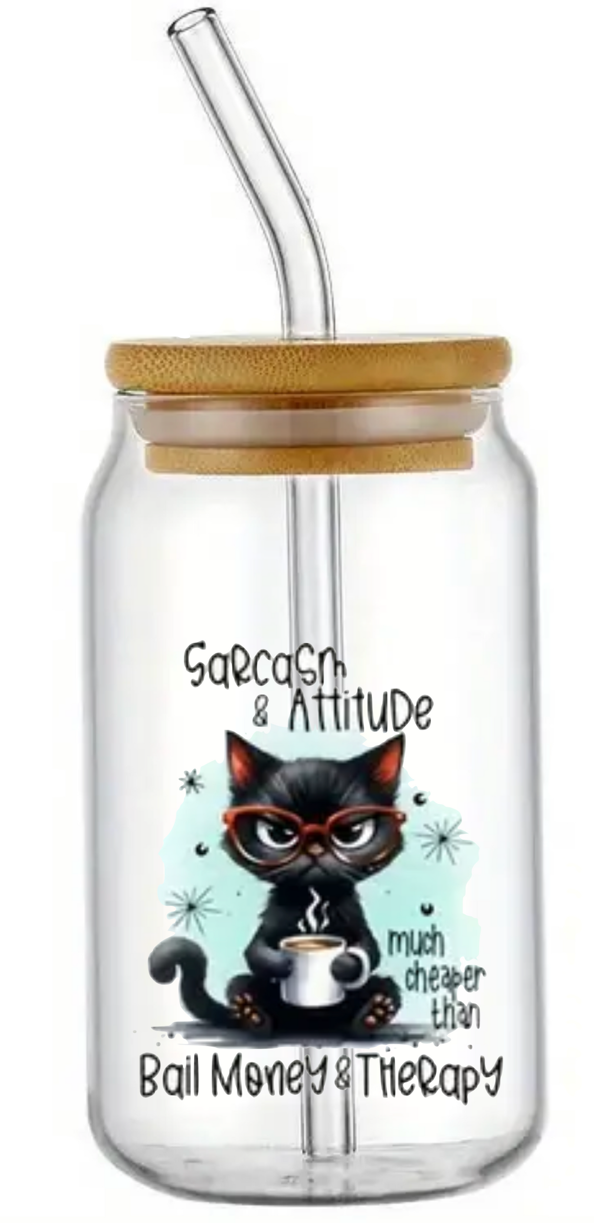 CAT SARCASM AND ATTITUDE GLASS JAR TUMBLER CUP WITH LID, STRAW AND BRUSH