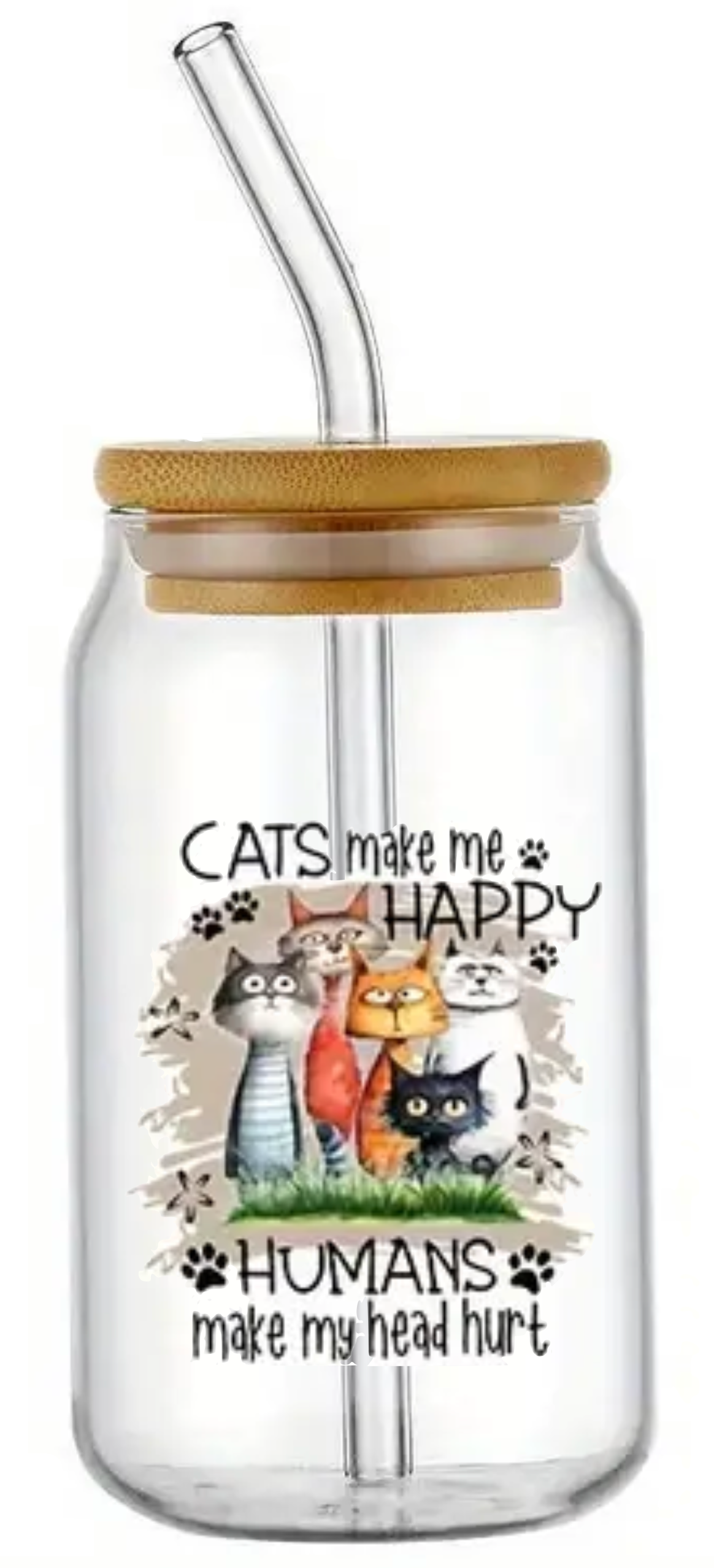 CAT MAKE ME HAPPY GLASS JAR TUMBLER CUP WITH LID, STRAW AND BRUSH
